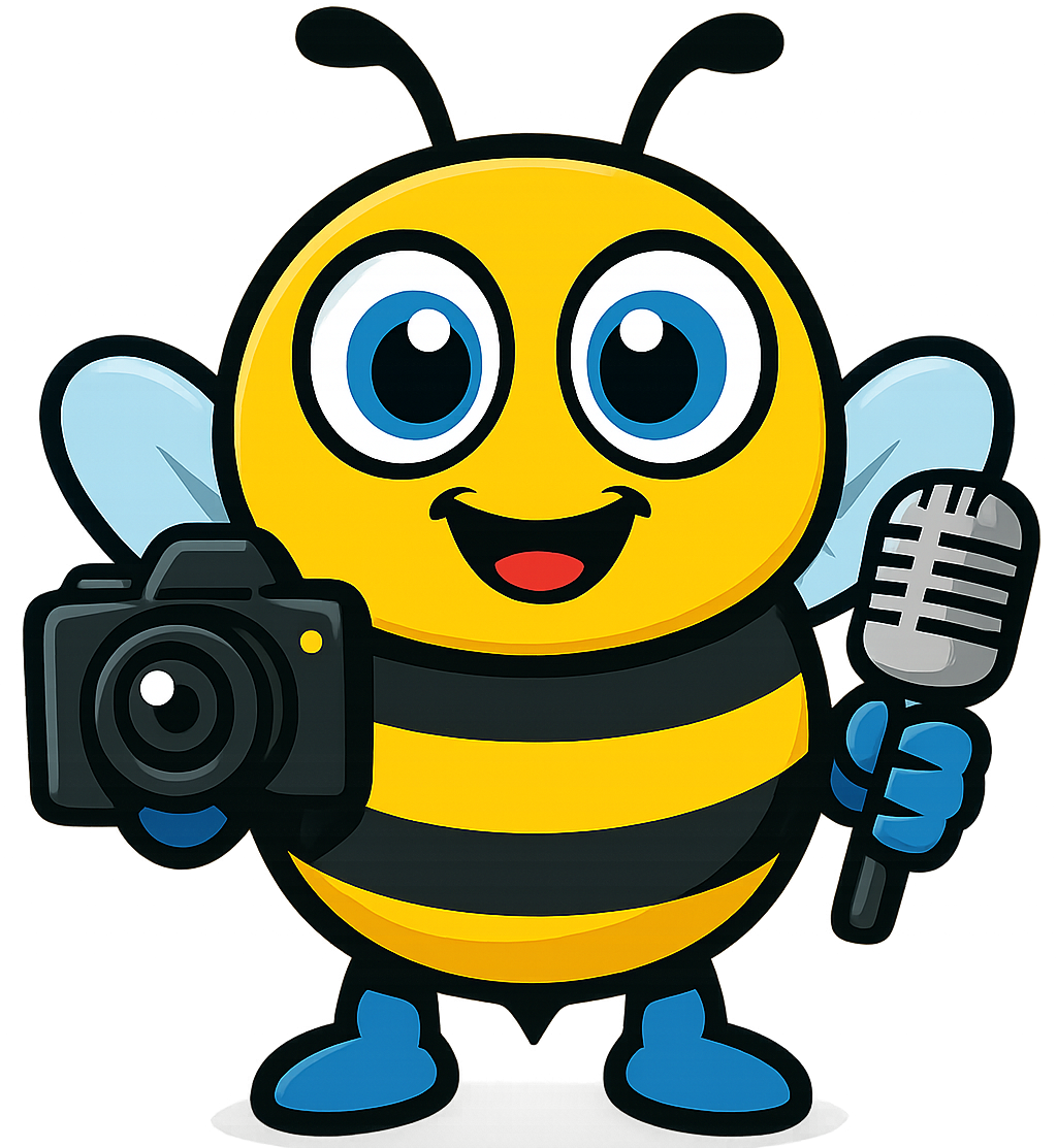 GigHive bee mascot holding a camera and microphone